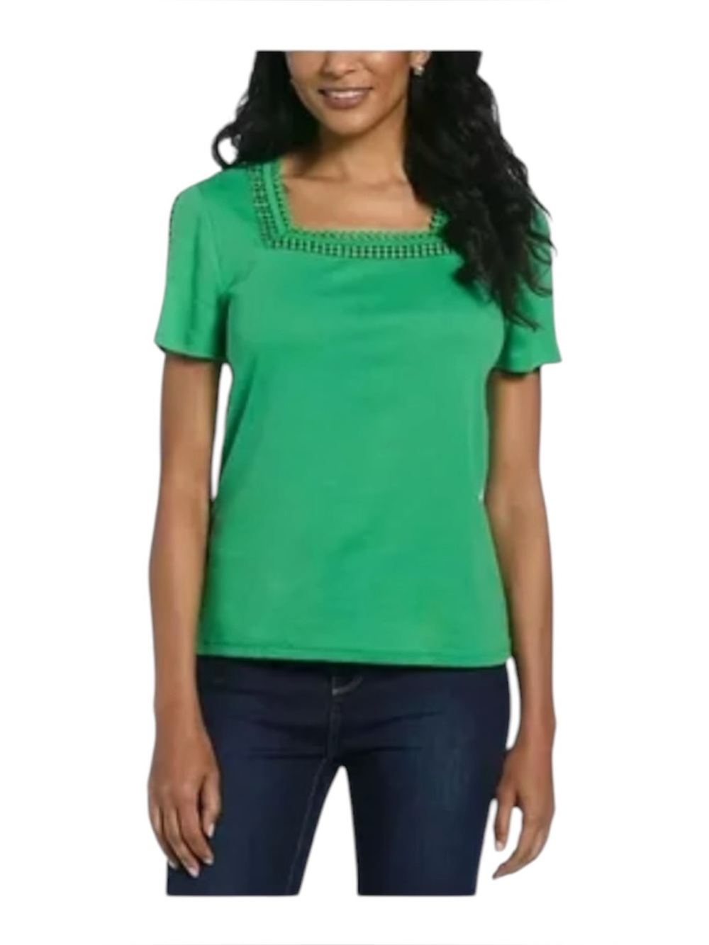 Rafaella Kelly Green T-Shirt Top Woman's XL Crochet Lace Trim Square Neck NWT
